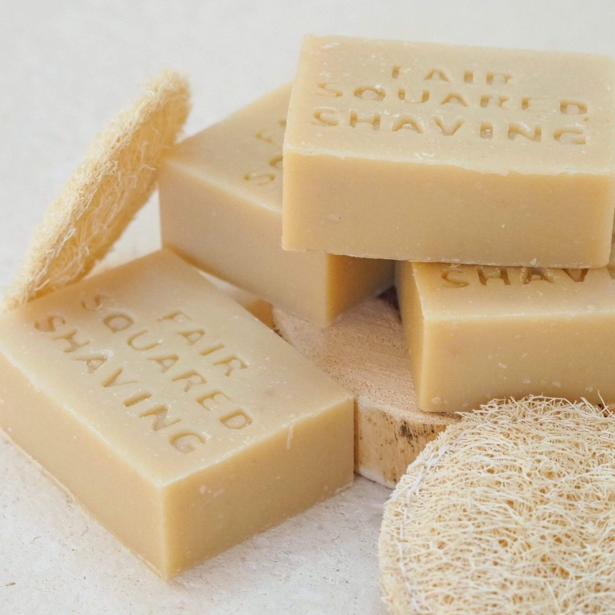 fair squared shaving soap with luffa sponge