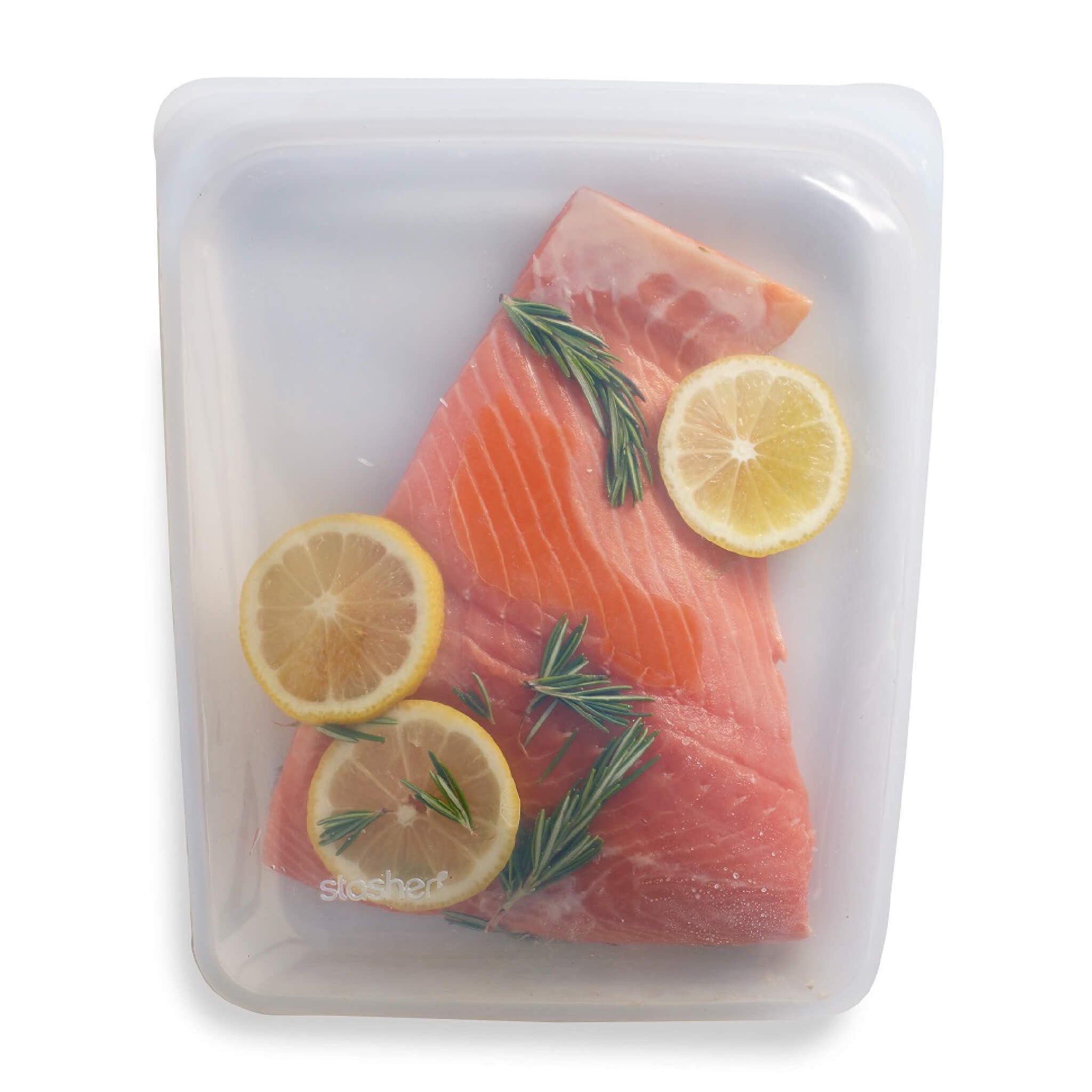 large clear stasher bag with salmon
