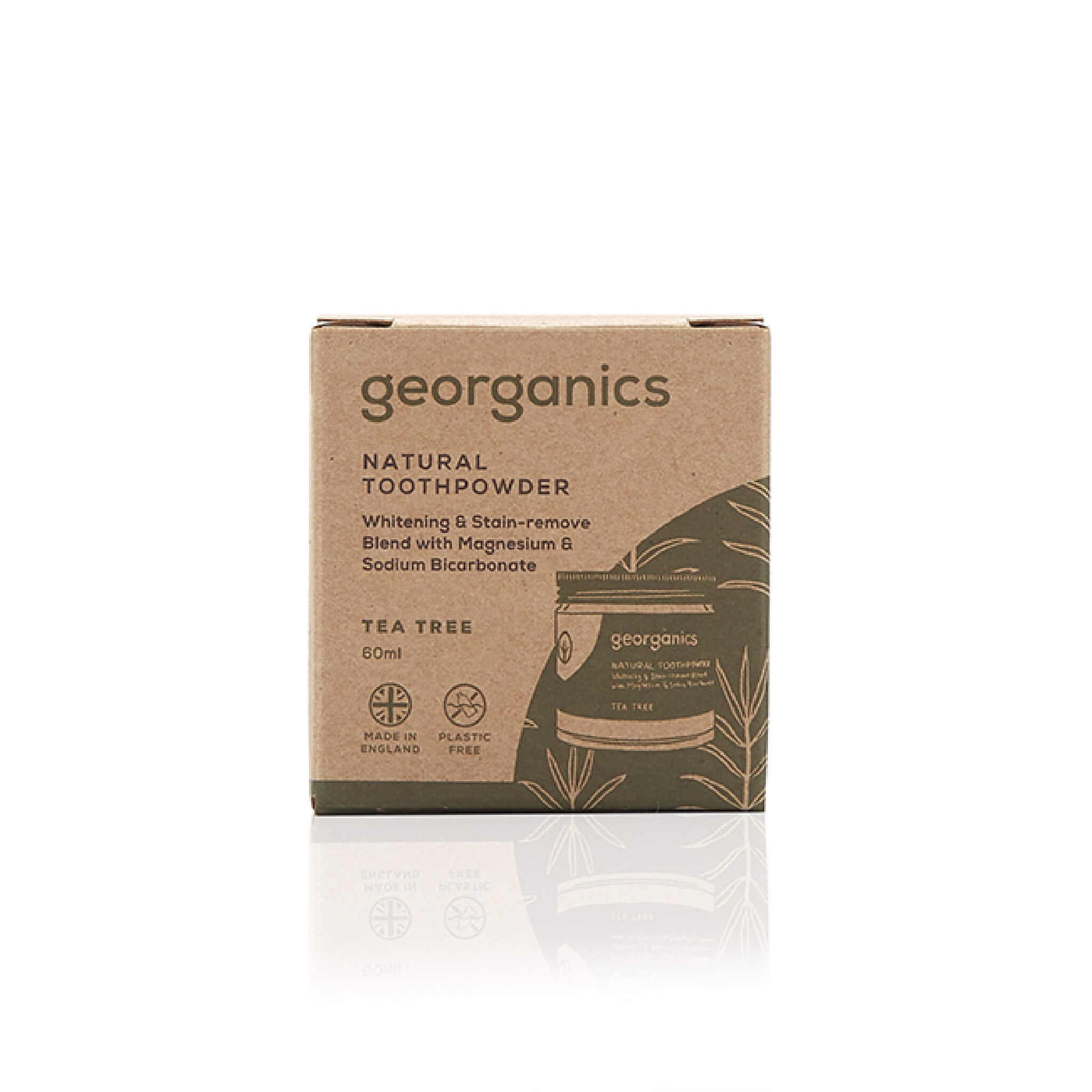 georganics jar of whitening tooth powder flavor tea tree packaging