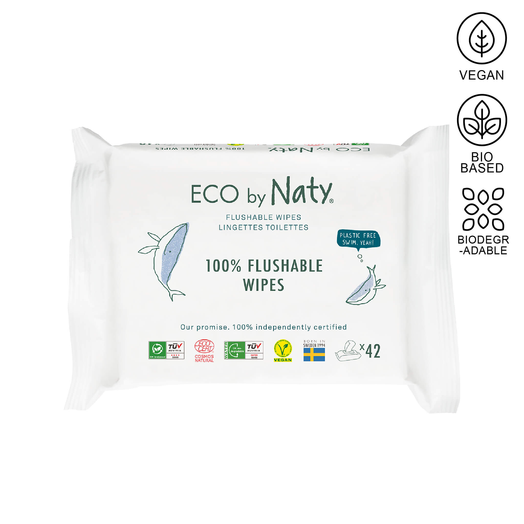 Eco by Naty flushable wipes package containing 42 units.