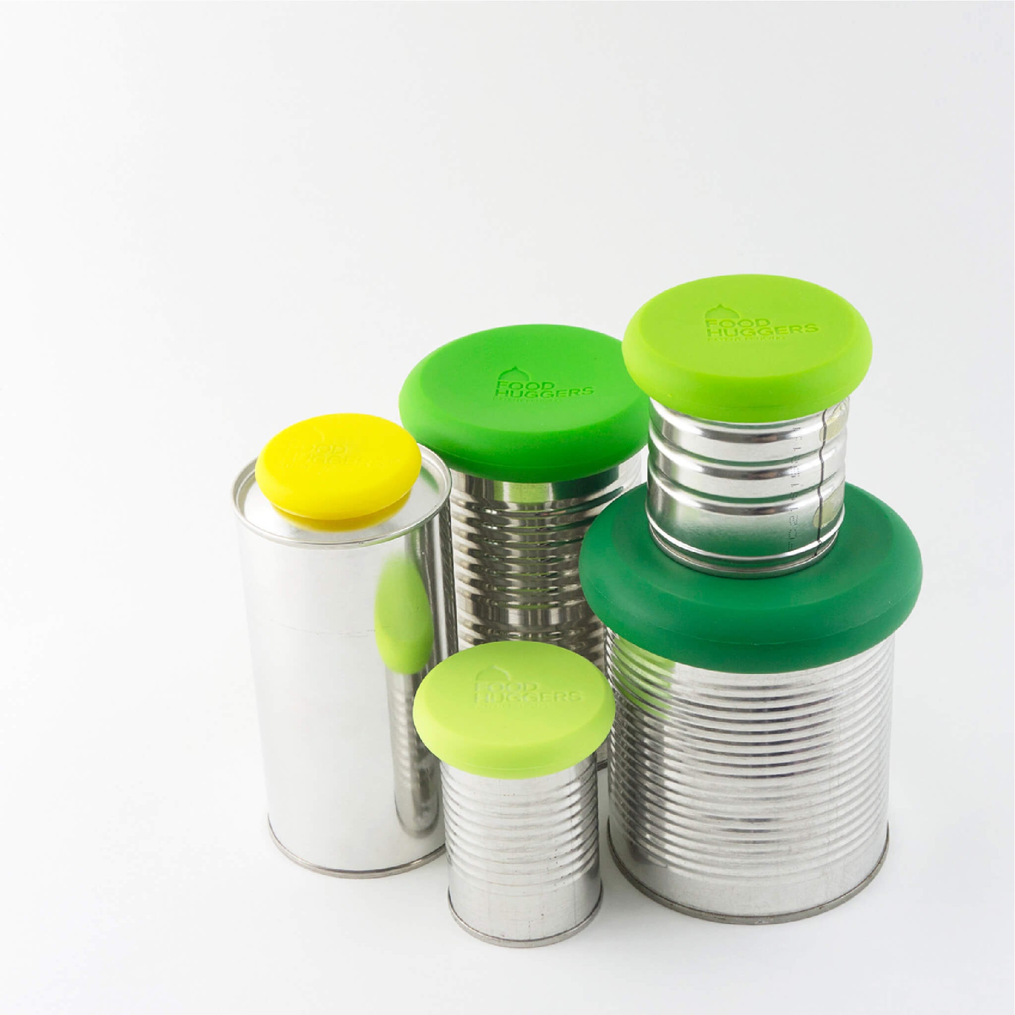 Food Huggers green range being used as lids for cans.