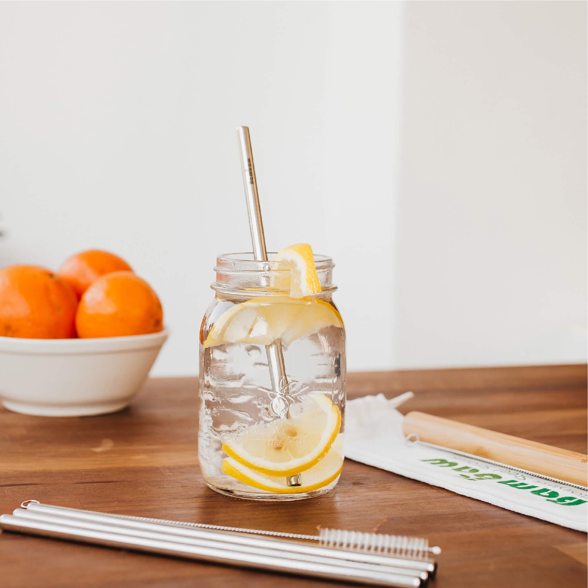 stainless steel straws in glass