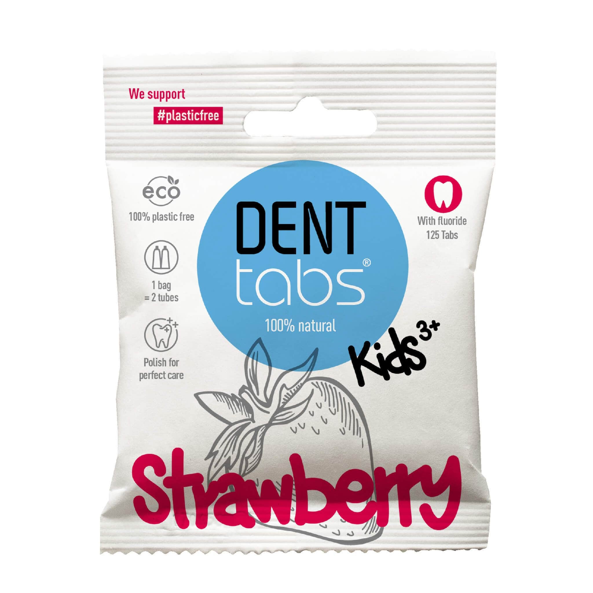 Denttabs Strawberry toothpaste tablets with fluoride package.
