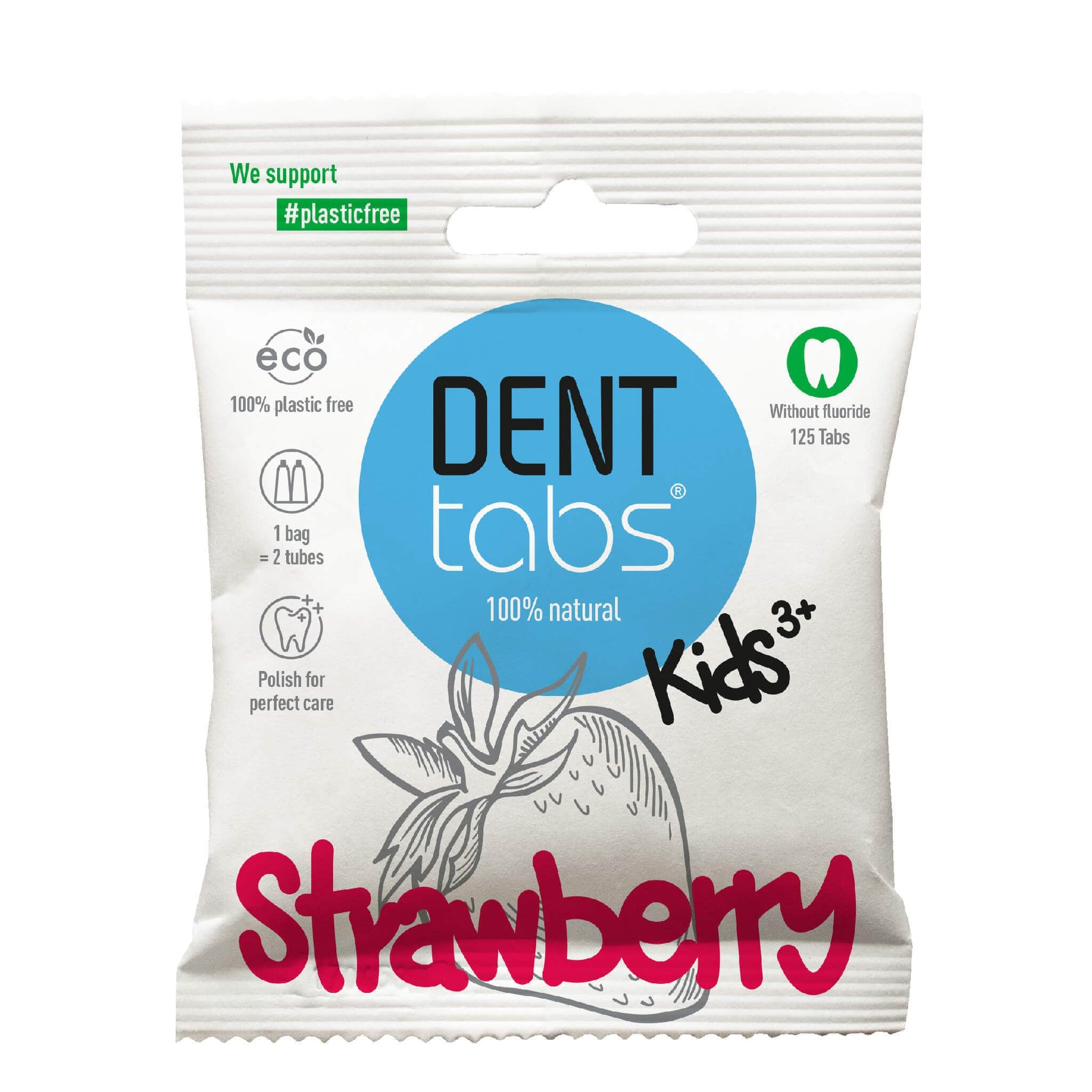 Denttabs Strawberry toothpaste tablets without fluoride package.