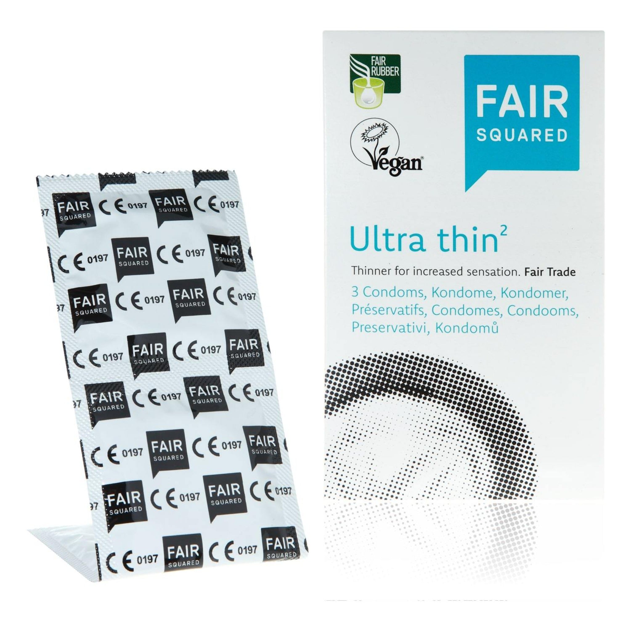 Condones ultra finos de Fair Squared con dos condones fuera del paquete
